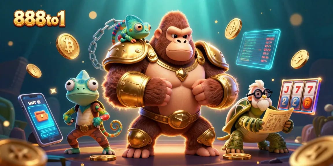 Spin the reels with 888to1, where a gorilla king and companions reveal jackpot excitement in a vibrant casino scene.