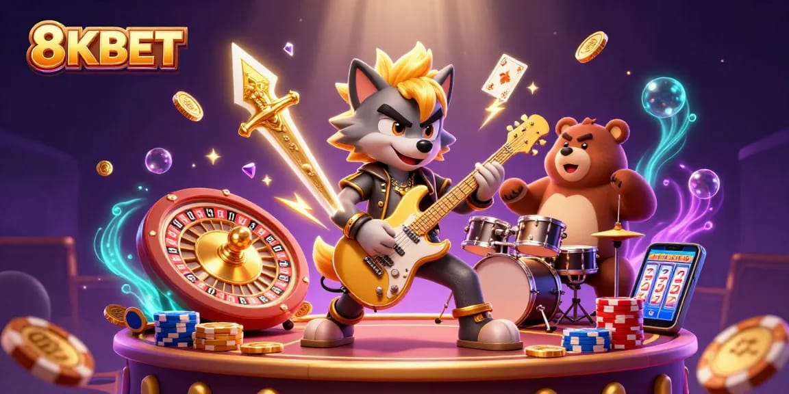 Shred with the 8KBET rock star wolf on stage amidst casino excitement and lavish winnings.