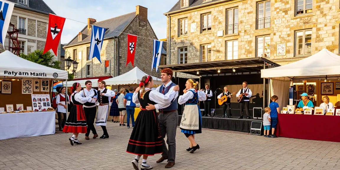 Vibrant cultural festival celebrating Breton traditions with performers and artisans, showcasing local culture, and featuring regional delicacies, enhancing the appeal of เกมสล็อต.