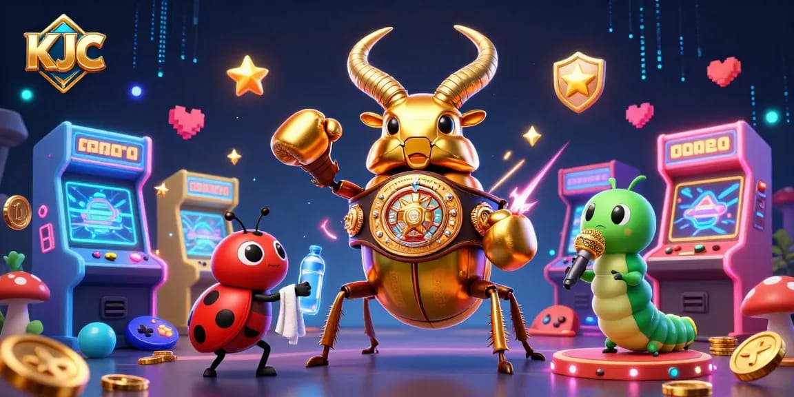 KJC illustrates an action-packed scene with a giant stag beetle and dynamic casino elements for an engaging gaming experience