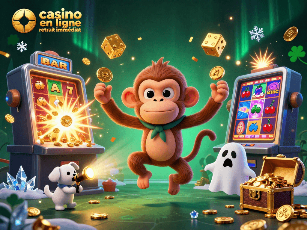 Découvrez le casino en ligne retrait immédiat avec une illustration captivante de personnages animés dans un univers dynamique de jeu.