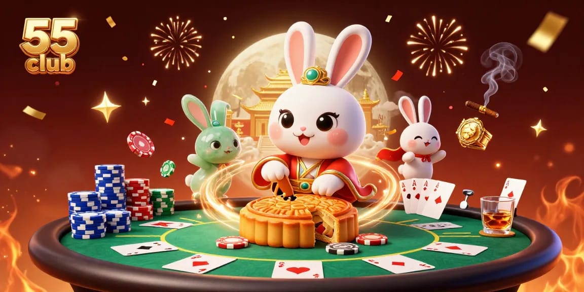 Experience winning moments at the 55 club with a moon rabbit surrounded by poker excitement.