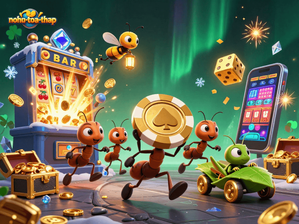 Experience thrilling gameplay with nohu-toa-thap as cartoon ants heist golden casino chips in a vibrant scene.