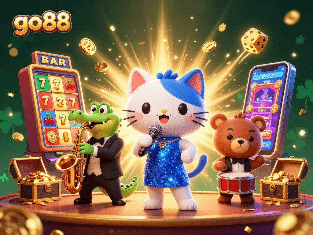 Experience the excitement of go88 with a vibrant casino scene featuring animated characters and a jackpot!