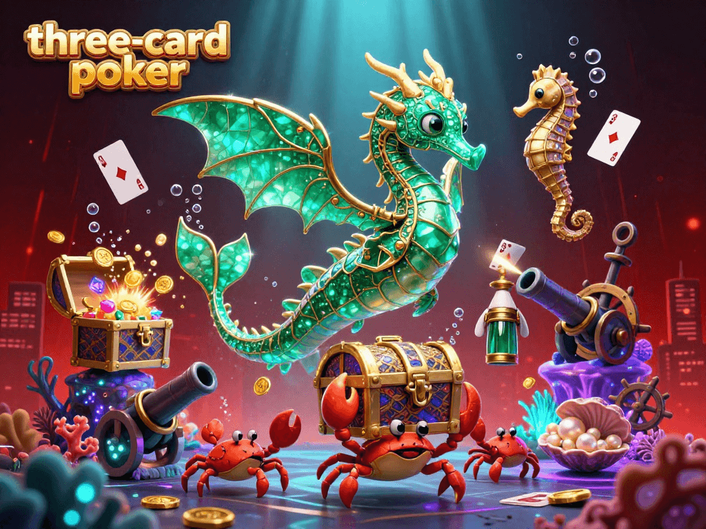 Engaging three-card-poker illustration showcasing a vibrant sea dragon with floating cards and aquatic treasures.