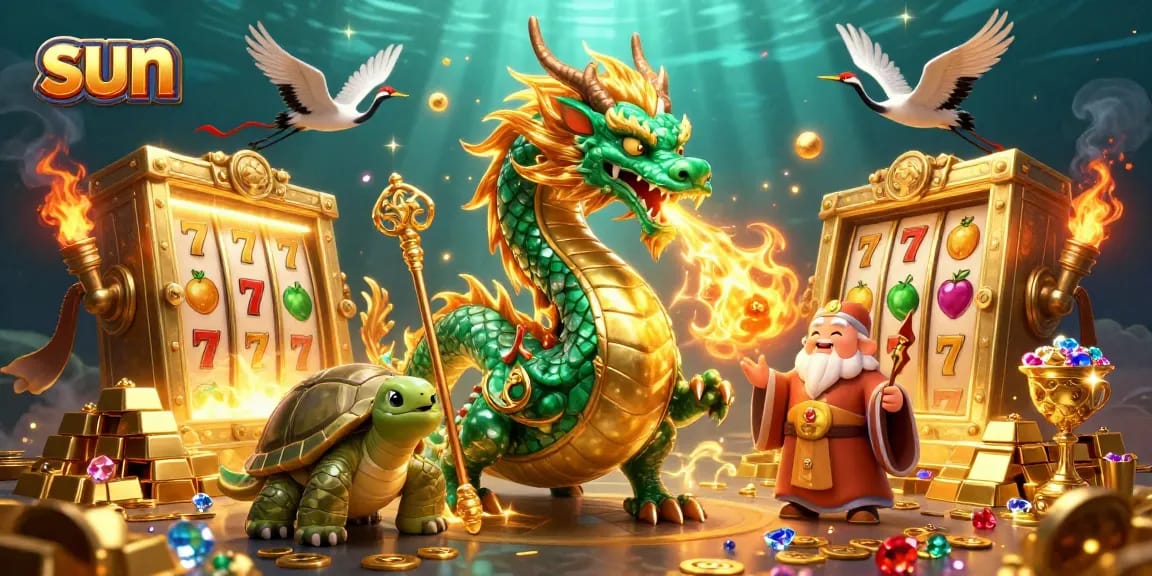 Experience the thrill of sun-themed online gambling with an action-packed casino illustration.
