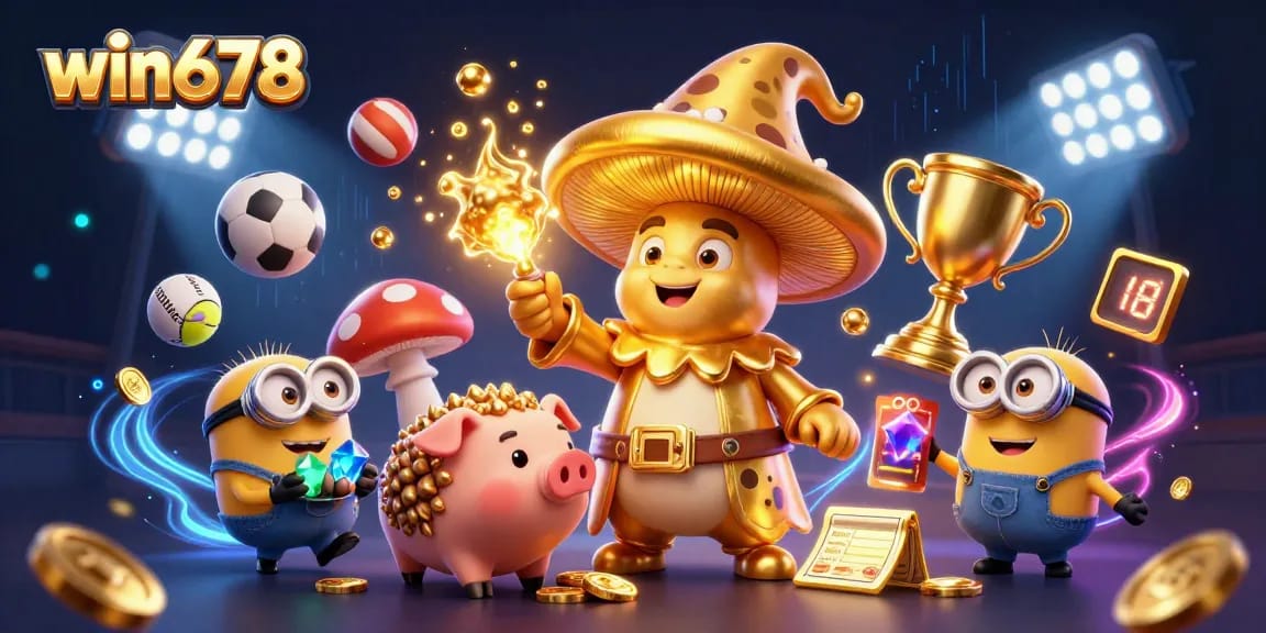 Win678 offers a vibrant experience with a wizard and characters celebrating sports betting in a magical casino scene.