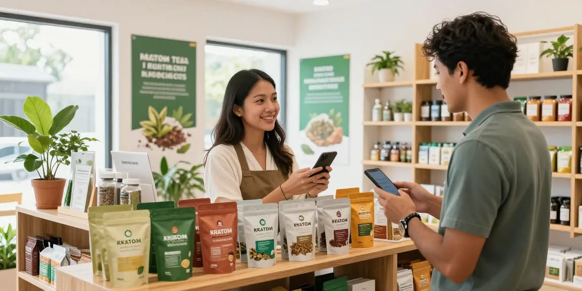 Explore top kratom brands at a vibrant retail space with diverse products and knowledgeable staff.