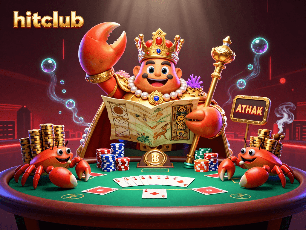 Experience the excitement of hitclub with a vibrant, animated casino scene featuring a crab emperor and poker elements.