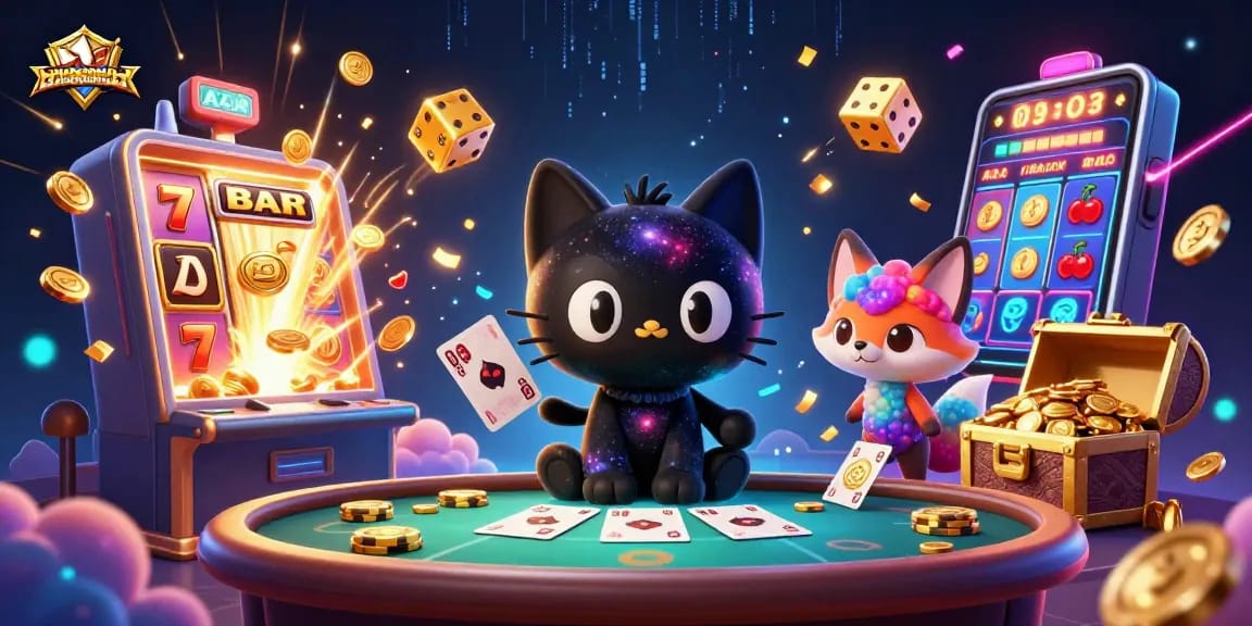 Experience the excitement of nhanquagamebai with a dynamic cosmic casino scene featuring a black hole cat.