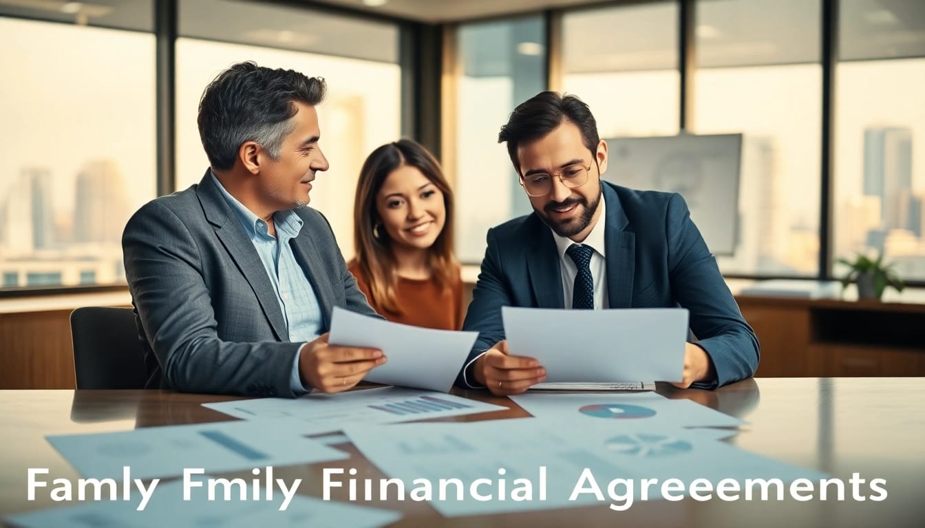 Couple reviewing Family Law Financial Agreements documents in a modern office.