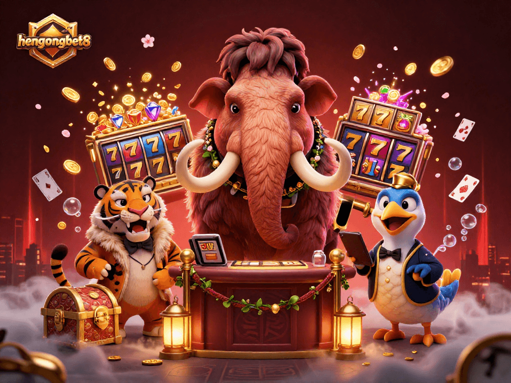 hengongbet8 showcases a lively 3D casino scene with a mammoth bouncer and exciting slot elements.