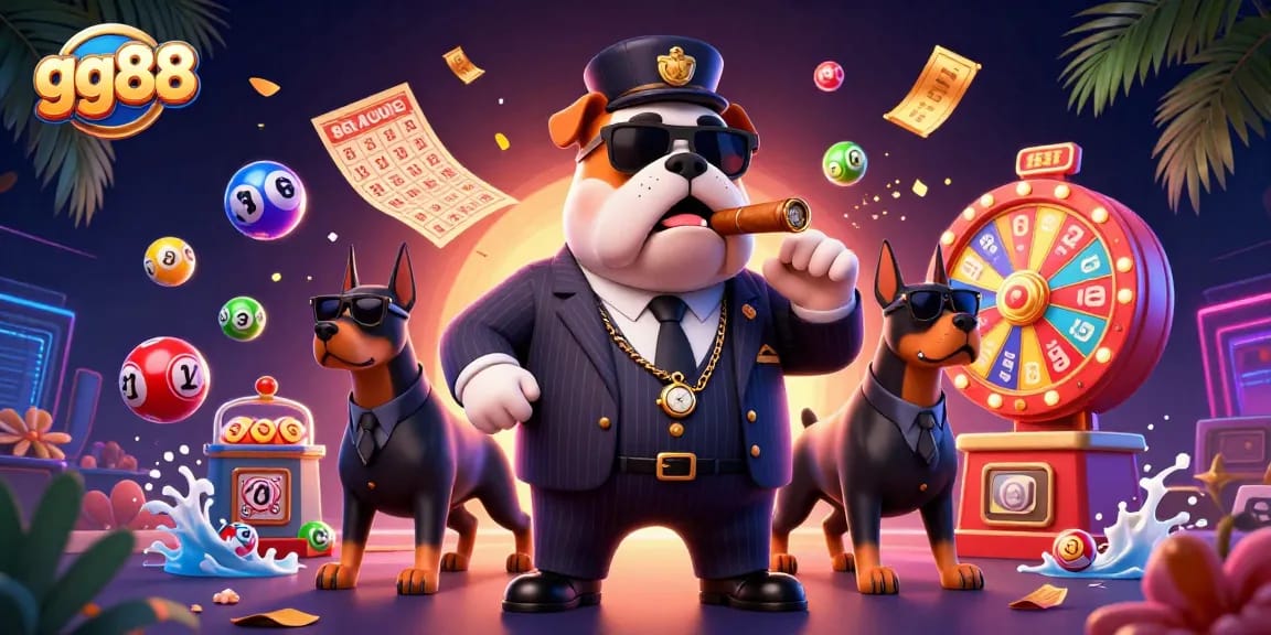 Spin the reels at gg88 with the mafia boss and his bodyguards amidst vibrant lottery elements.