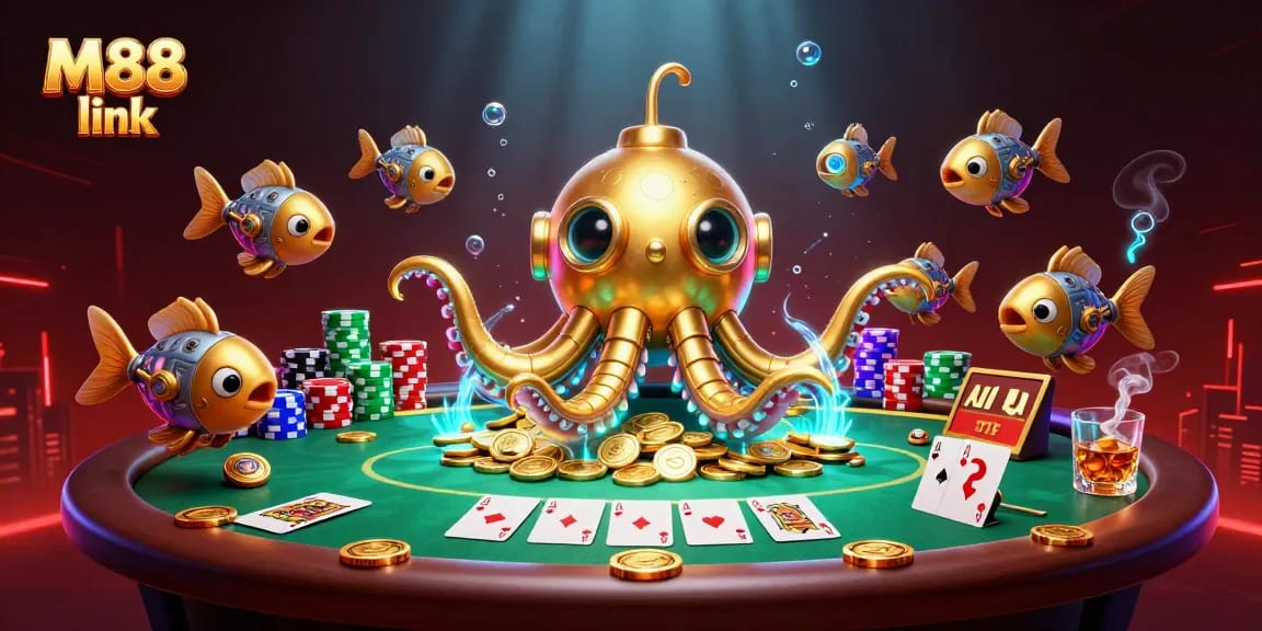 Engage with M88 link and dive into a vibrant 3D scene of casino excitement amidst poker elements.