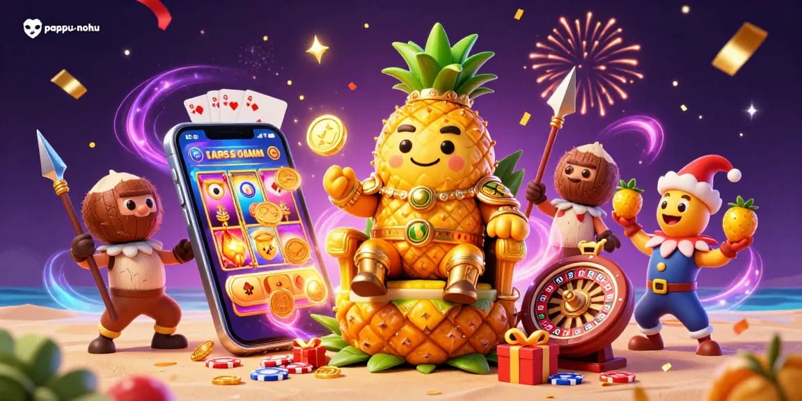 Engage with pappu-nohu in this vibrant 3D casino scene featuring a golden pineapple king and playful gameplay elements.
