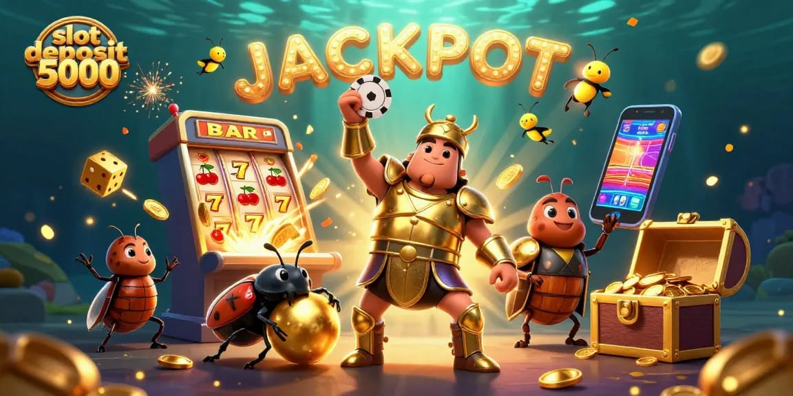 Slot deposit 5000, gambarkan kerumunan arus jackpot yang mengesankan dalam ilustrasi 3D yang penuh warna.