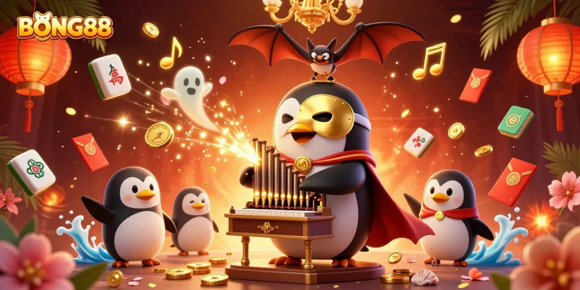 Experience BONG88 with animated visuals of a penguin playing the organ amidst vibrant casino elements.