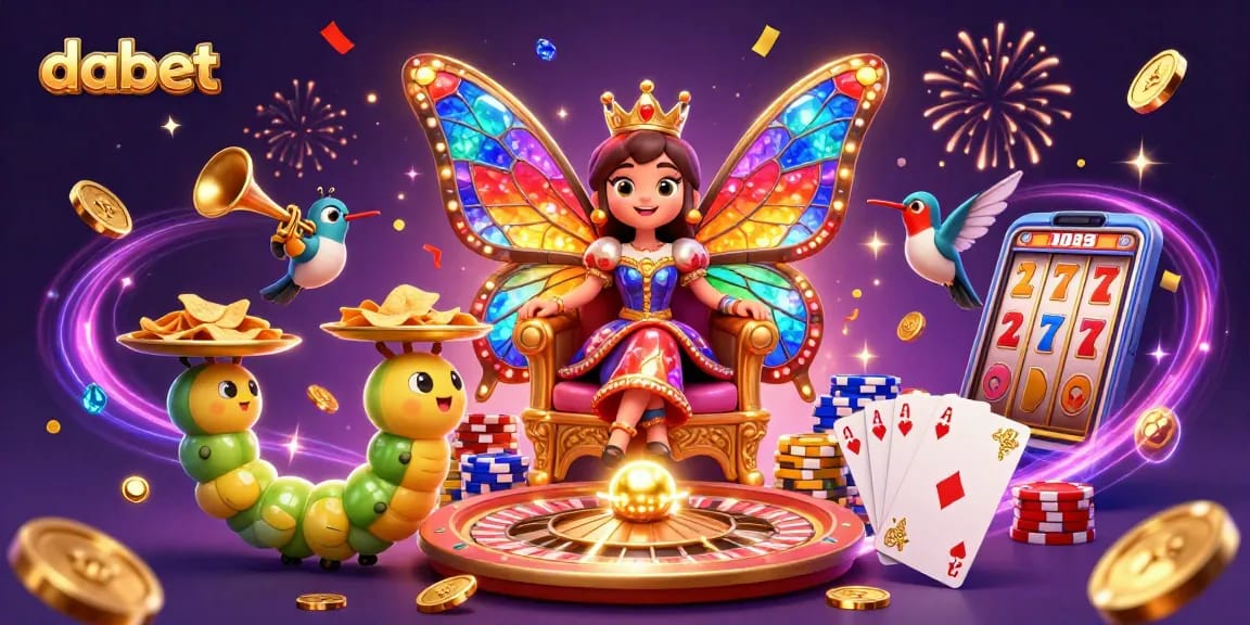 Dabet casino scene with a butterfly queen and golden chips, celebrating with vibrant energy