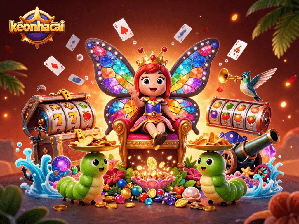 Engage with keonhacai's vibrant casino world featuring a colorful butterfly queen and thrilling gaming elements.