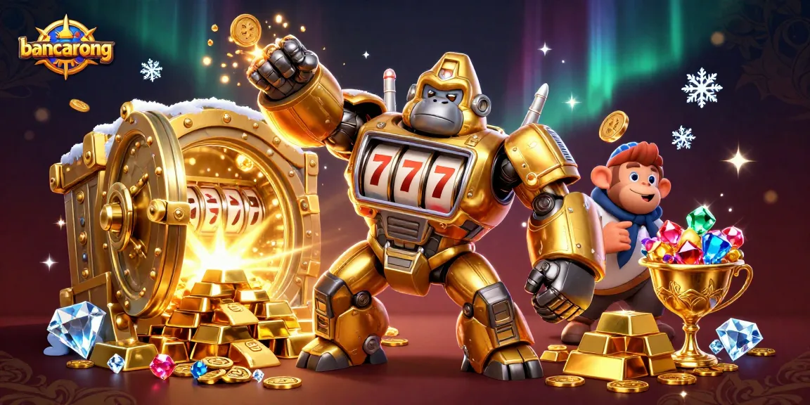 Bancarong casino illustration with a golden gorilla mech celebrating jackpots and riches.