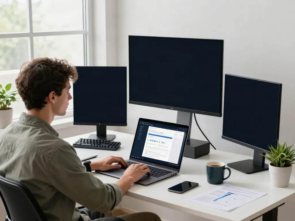 Developer using the brave浏览器 in a modern workspace with multiple screens and stylish accessories.