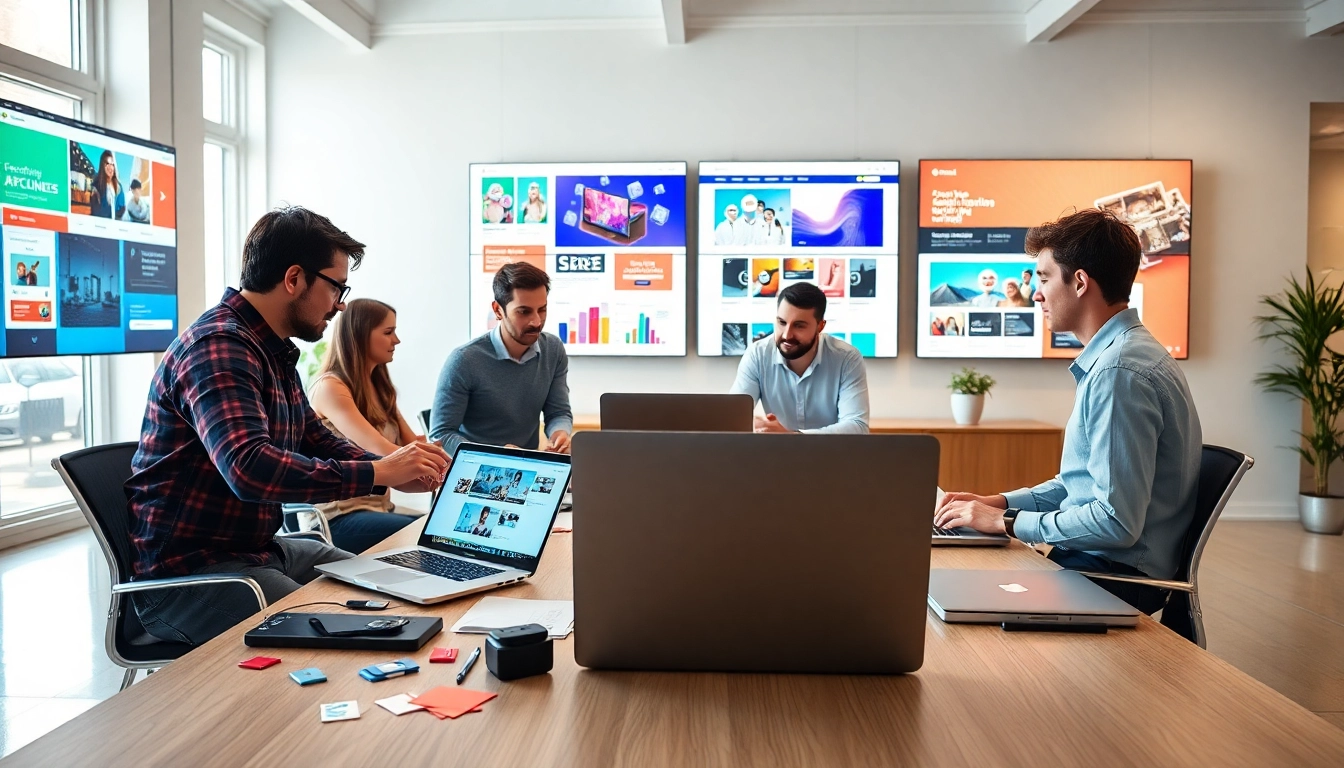 Web design edmonton team brainstorming in a modern office around digital mockups.