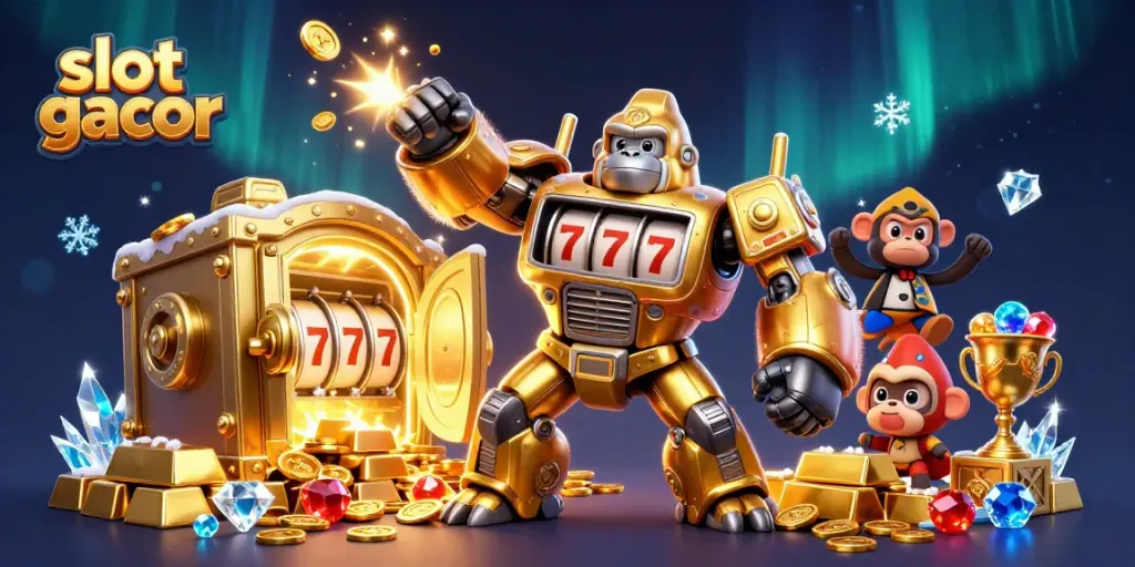 Ilustrasi 3D slot gacor dengan gorila emas mech, peti harta karun, dan koin.
