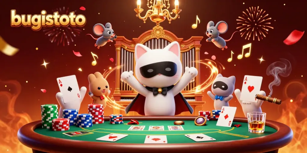 Experience the thrill of bugistoto with a dynamic casino scene featuring a phantom cat and acrobat.