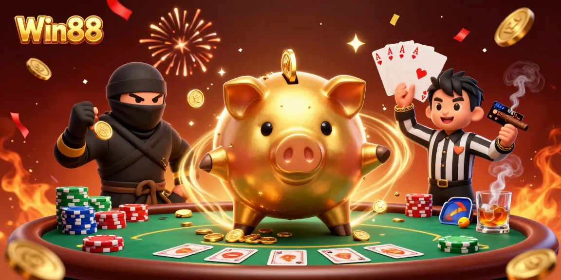 Win88 gaming scene with a golden piggy bank sumo wrestler amidst a vibrant poker battle.
