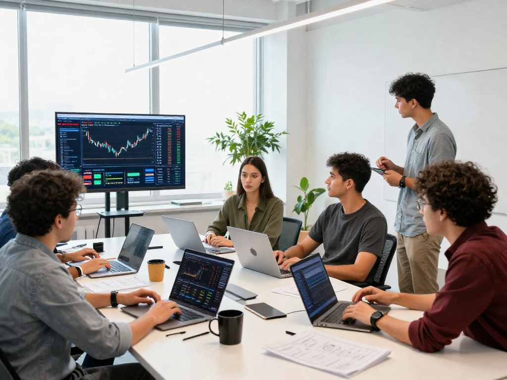 Fintech data integration service team collaborating on financial data API solutions in a modern office setting.