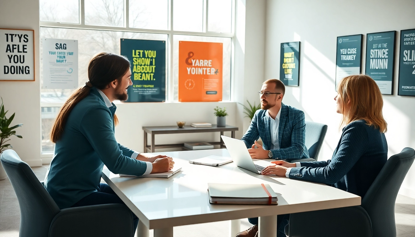 Career coaching session with a professional consultant guiding a client in a bright office.