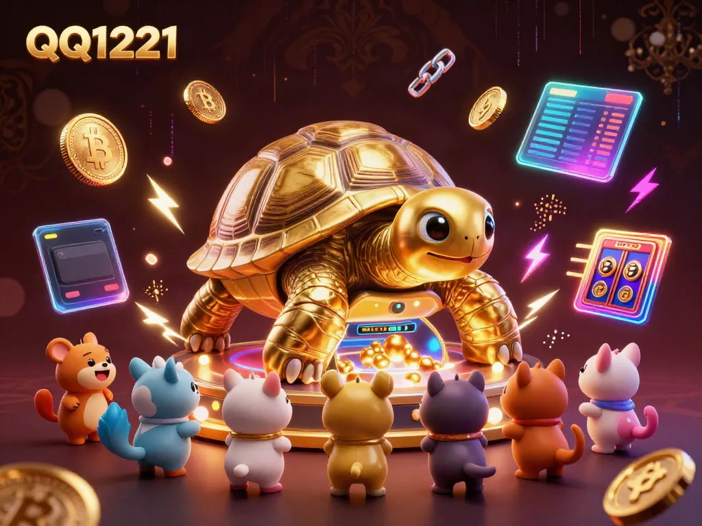 Engage with thrilling games on QQ1221, a vibrant 3D scene with golden tortoise and crypto elements.