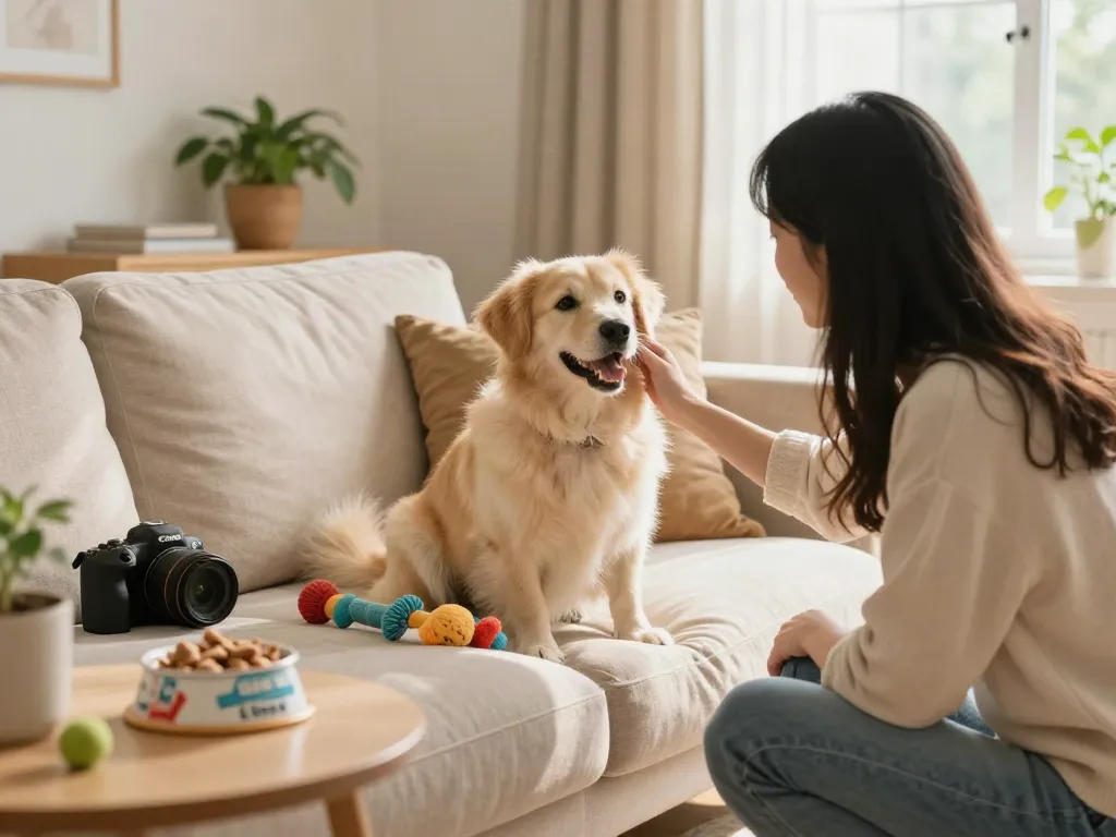 Calming Dog Treats and a relaxed dog in a cozy home setting