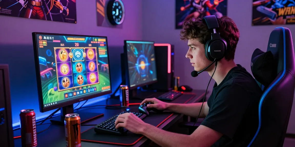 Player engaging with rutanslot at a vibrant gaming setup with LED lights.
