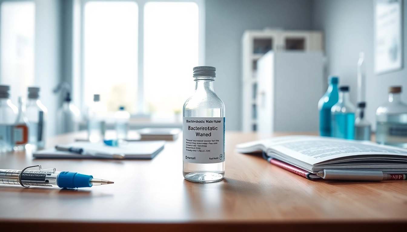 Examine hospira bac water in a professional laboratory setting with tools and research materials.