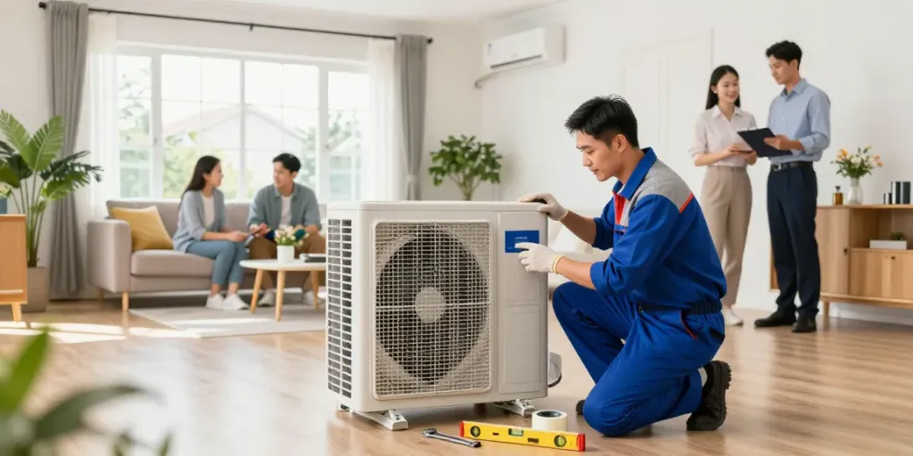 Air Conditioner Install Calgary by a professional technician in a bright residential home.