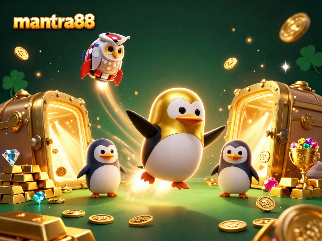 Experience the thrill of mantra88 with a golden penguin soaring towards a jackpot-filled casino!