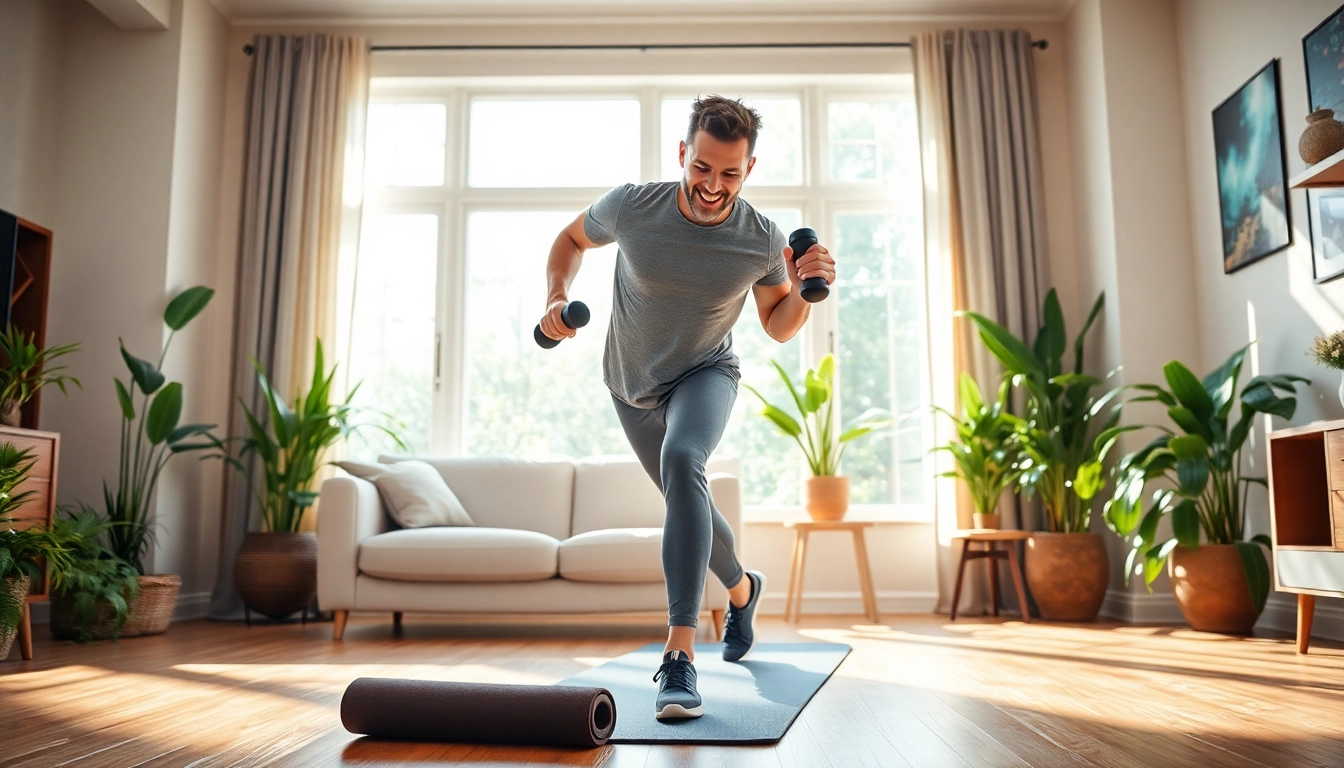 Engaging exercise session demonstrating home workout plans in a bright room.