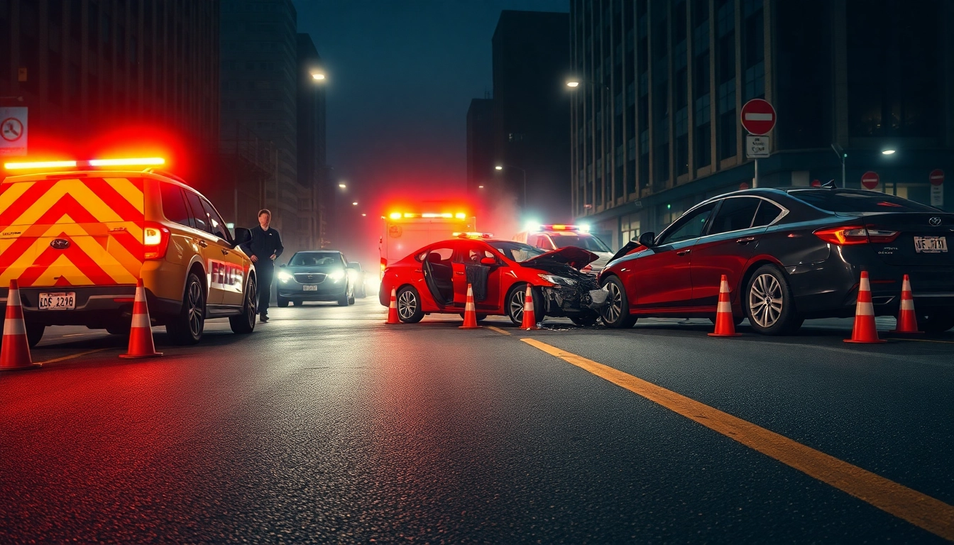 Road accident scene with emergency responders addressing a serious incident.