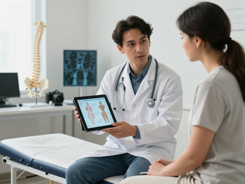 Understanding bel kayması ameliyatı during patient consultation with an orthopedic surgeon in a clinic.