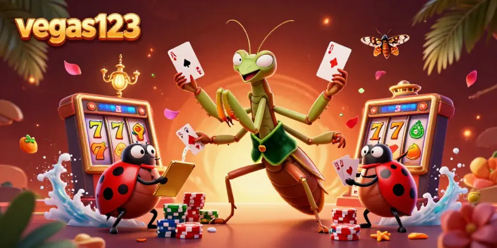 Ilustrasi 3D vegas123 menampilkan mantis raksasa dan ladybug dalam suasana kasino yang meriah.