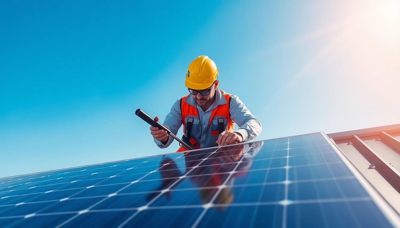 Technician engaged in solar panel repair while demonstrating precision and professionalism.