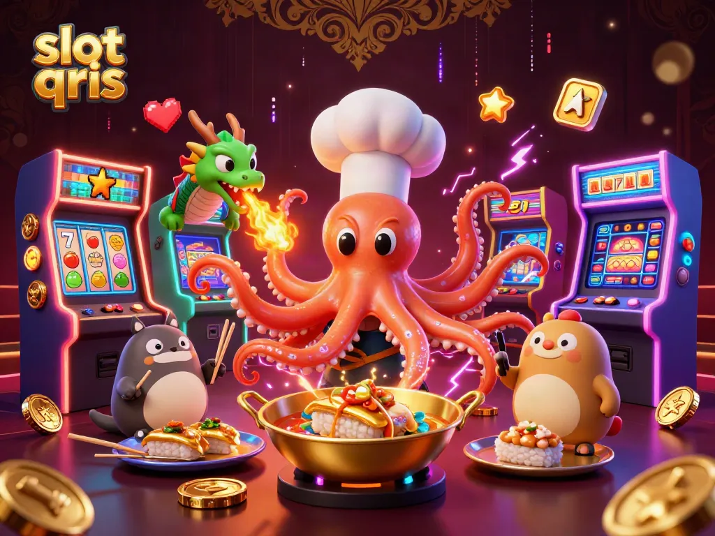 Experience exciting slot qris gameplay with a vibrant 3D casino illustration featuring dynamic characters.