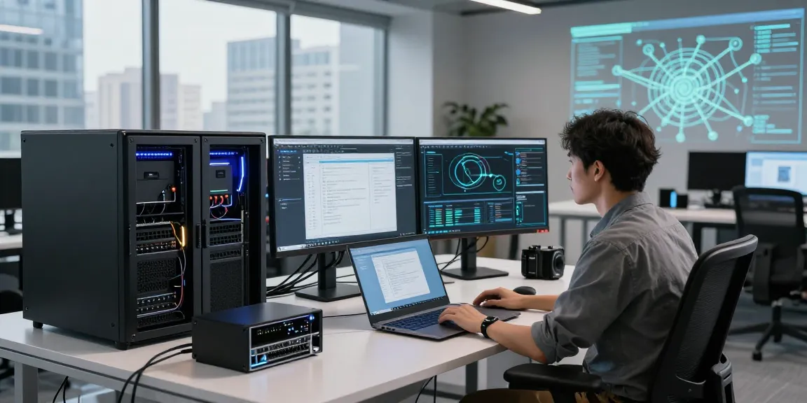 Dedicated servers in Mexico configured in a modern tech workspace with multiple monitors.