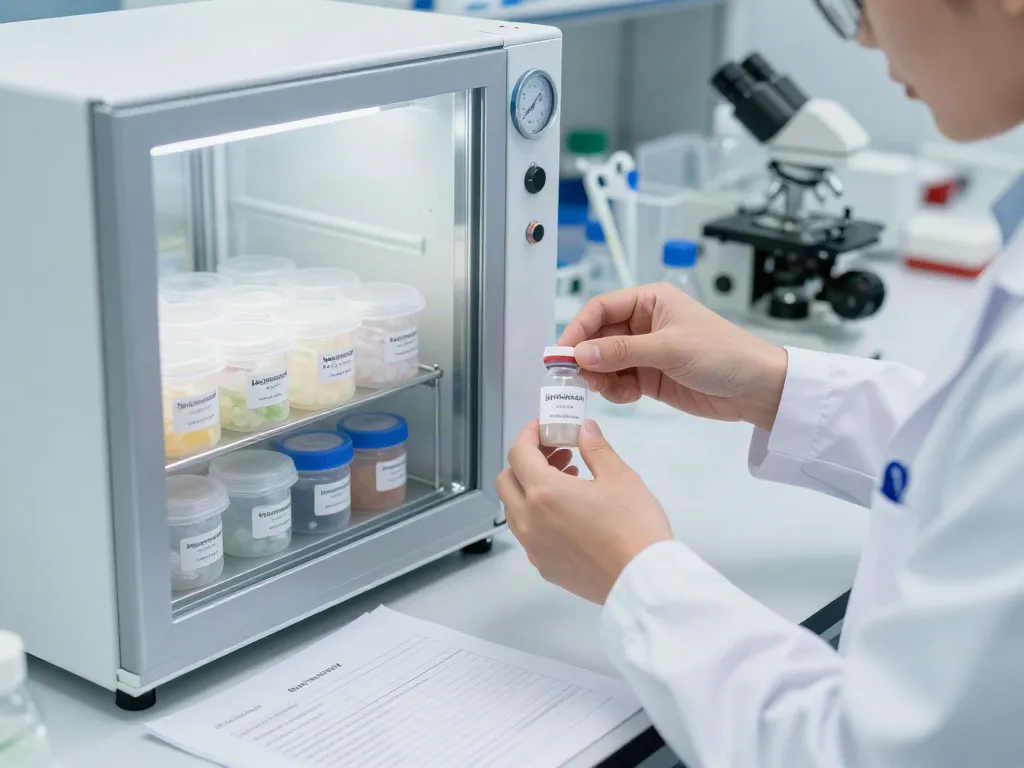 Properly showcasing how peptides are stored and reconstituted in a sterile lab environment with temperature monitoring.