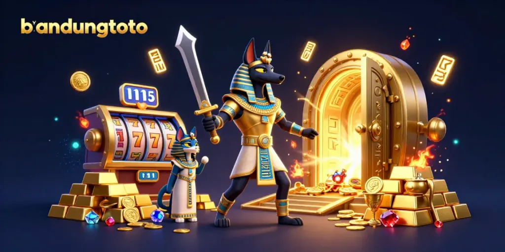 Experience the thrill at bandungtoto with golden treasure and slot reels in an engaging casino scene.