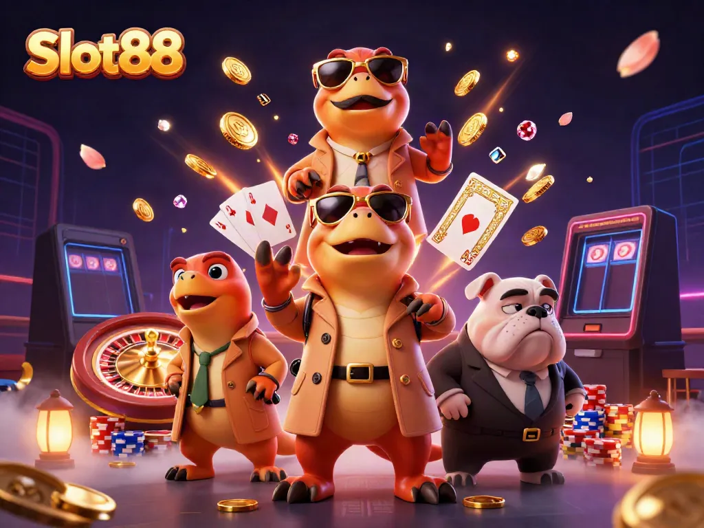 Engage in thrilling Slot88 gameplay with cartoon raptors in a casino setting, showcasing dynamic elements.