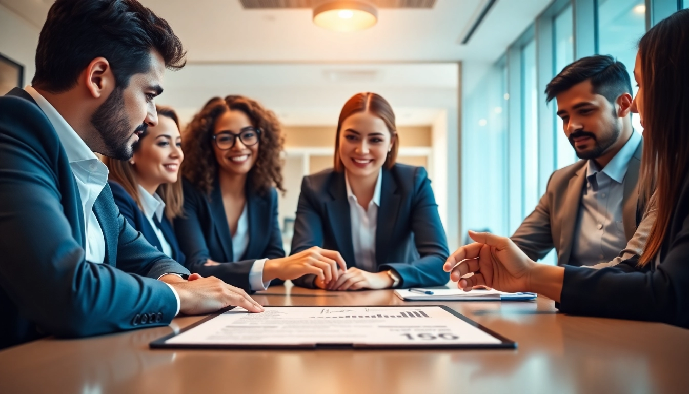 Visual representation of escrow services with businesspeople finalizing a secure transaction in a professional setting.