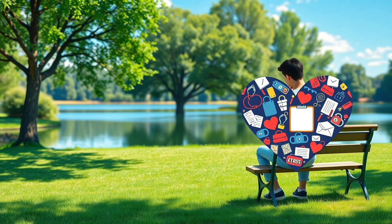 Anxiety causing high blood pressure illustrated through a stressed person amidst calming nature.