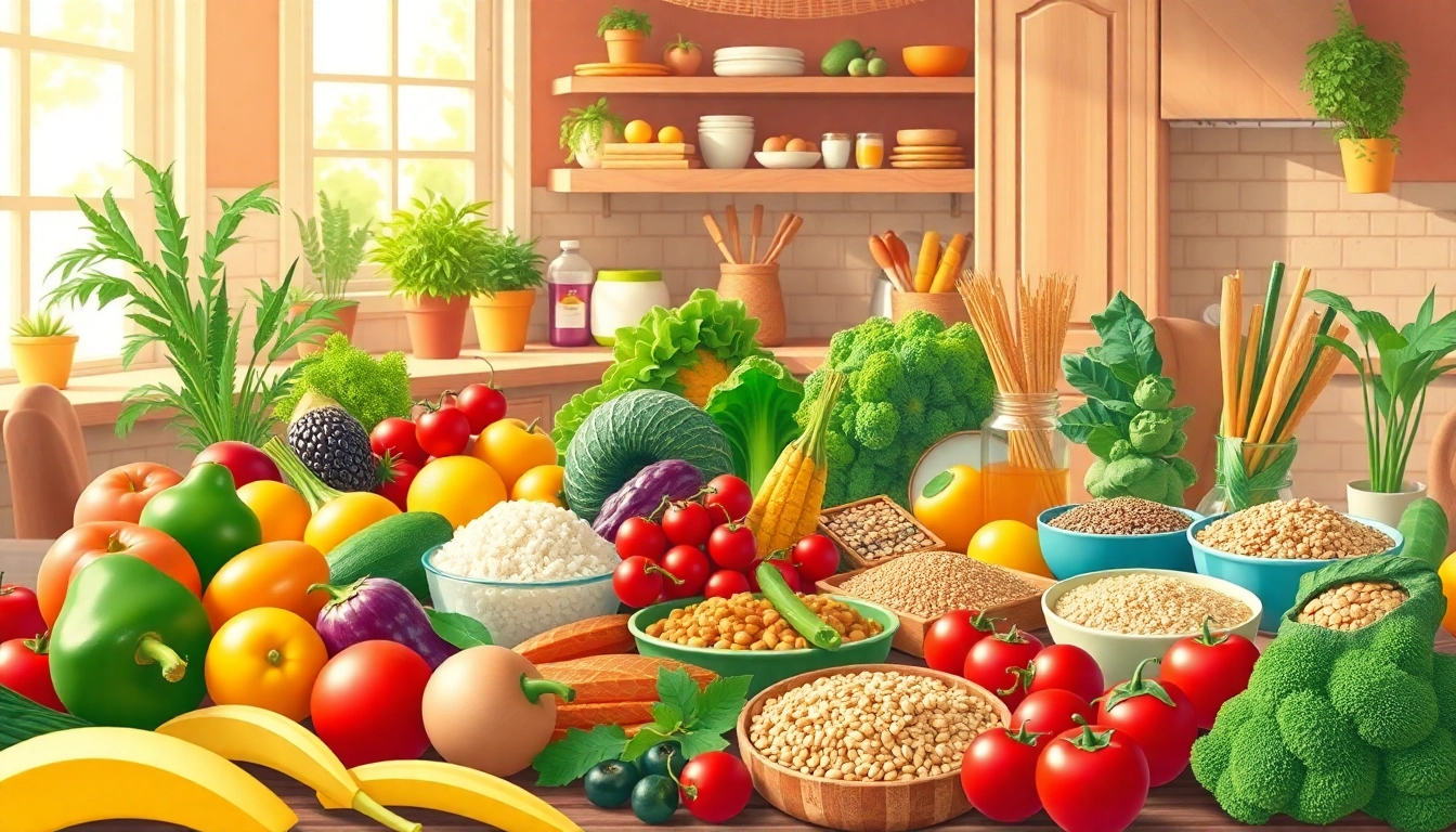 Encourage Healthy Eating Habits with a colorful display of fresh fruits and vegetables on a table.